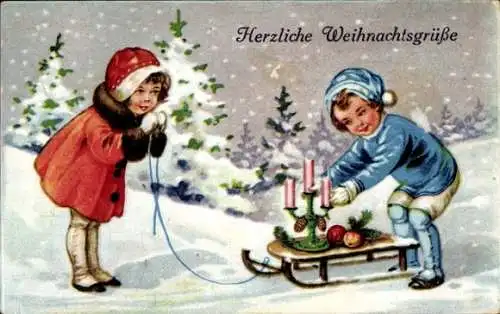 Ak Glückwunsch Weihnachten, Kinder, Schlitten, Kerzen, Obst