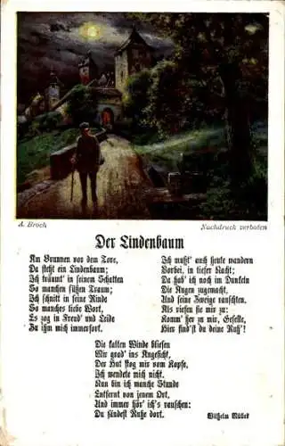 Gedicht Künstler Ak Broch, A., Wilhelm Müller, Der Lindenbaum, Am Brunnen vor dem Tore