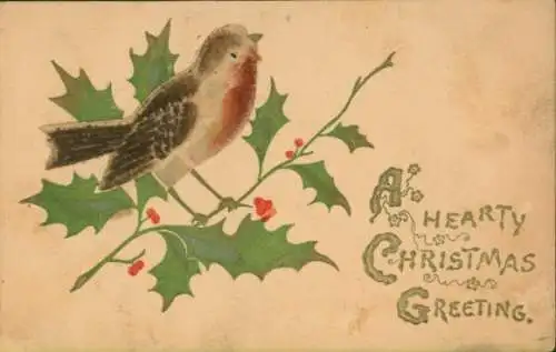 Stoff Ak Glückwunsch Weihnachten, Stechpalme, Vogel