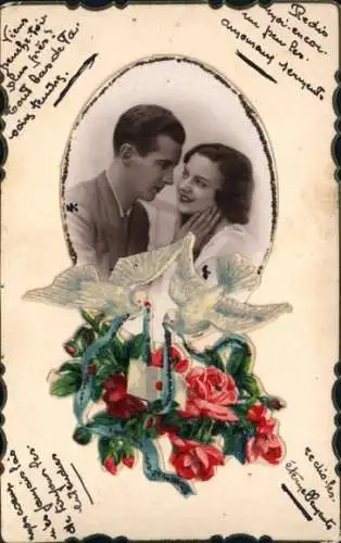 Passepartout Ak Liebespaar, Brieftauben, Rosen