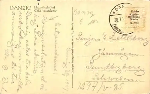 Ak Gdańsk Danzig, Danzig Hauptbahnhof, Turm mit Uhr, historische Architektur