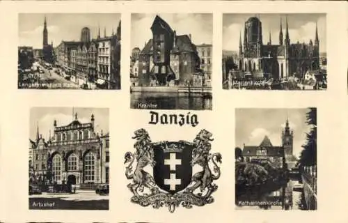 Ak Gdańsk Danzig, Langermarkt mit Rathau, Krantor, Artushof, Mariankirche, Katharinenkirche