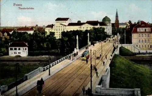 Ak Poznań Posen, Panoramablick auf Theaterbrücke, Straßenbahn, Bebauung, Grünflächen