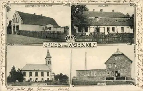Ak Weissholz Schlesien, Warenhandlung, Pastorhaus, evangelische Kirche, Molkerei