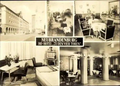 Ak Neubrandenburg in Mecklenburg, Hotelzimmer, Foyer, Kuhzimmer, Bar, besondere Architektur