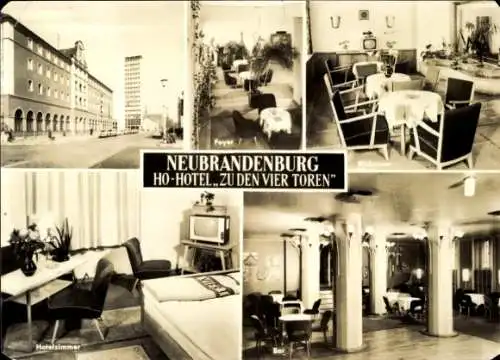 Ak Neubrandenburg in Mecklenburg, Hotelzimmer, Foyer, Speisesaal, Bar, Hotel zu den vier Toren