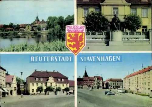 Ak Reuterstadt Stavenhagen in Mecklenburg, Postkarte mit Ansichten von  Wappen, Stadtszenen