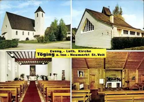 Ak Töging am Inn Oberbayern, Evang. Luth. Kirche, Innenansicht, Außenansicht, Festsaal, gemütl...