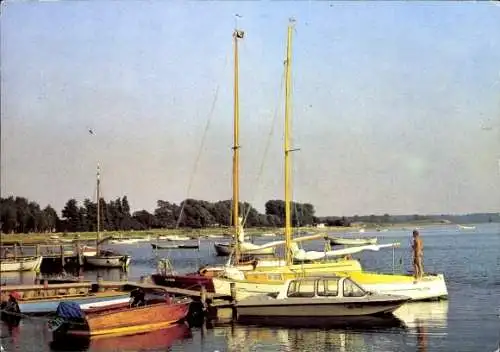 Ak Ostseebad Rerik, Hafen mit Booten, segelnde Yachten, ruhige Wasseroberfläche, schöne Landsc...