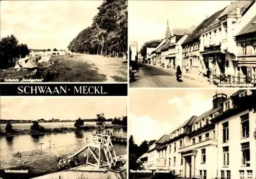 Ak Schwaan in Mecklenburg, Zeltplatz, Schwanenbad, Gebäude, Straße