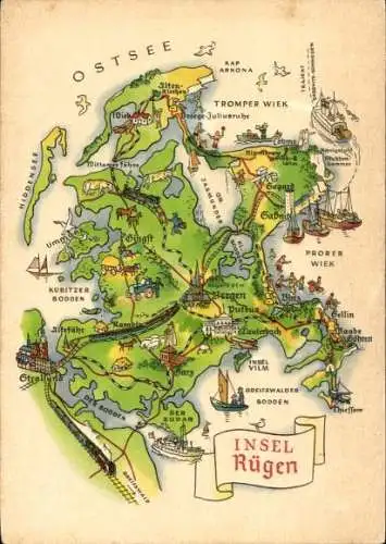 Ak Insel Rügen, Karikaturhafte Karte von  Sehenswürdigkeiten, Ostsee, Boden, Insel Vilm