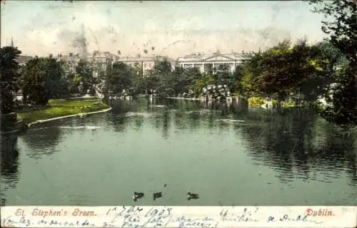 Ak Dublin Irland, St. Stephen's Green, Park, Teich, Bäume, Gebäude im Hintergrund