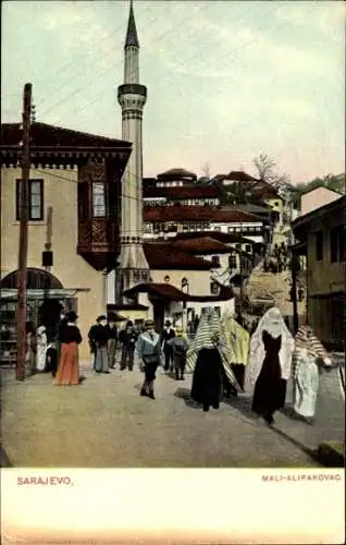 Ak Sarajevo Bosnien Herzegowina, Mali-Alifakovac, Minarett, Menschen in traditioneller Kleidun...