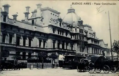 Ak Buenos Aires Argentinien, Plaza Constitución, historisches Gebäude, alte Straßenbahnen, Str...