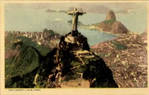 Ak Rio de Janeiro Brasilien, Christusstatue, Blick auf die Stadt, Berge, Meer