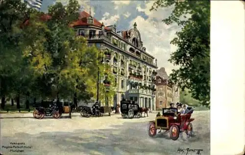 Ak München, Regina-Palast-Hotel, Straßenansicht, alte Autos, Bäume