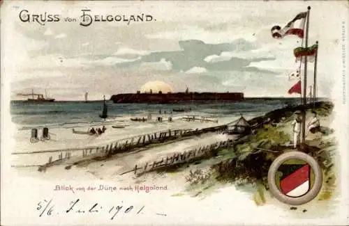 Litho Nordseeinsel Helgoland, Blick von der Düne, Wappen