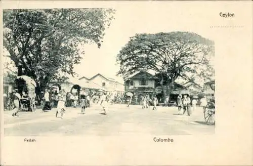 Ak Colombo Ceylon Sri Lanka, Pettah,  Ceylon, belebte Straße, Bäume, historische Gebäude