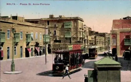 Ak Floriana Malta, Piazza St. Anna-Floriana, Straßenbahnen, historische Architektur