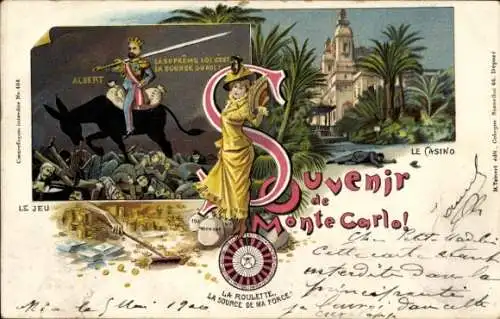 Ak Monte Carlo Monaco, Postkarte mit Casino, Roulette und Albert von Monaco, Spielszene