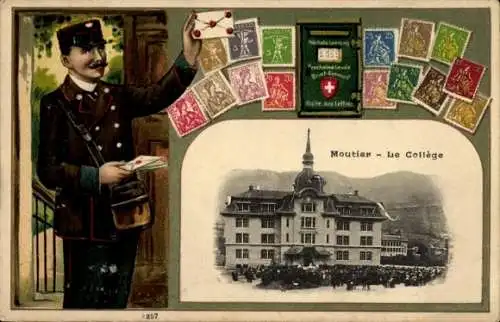 Präge Briefmarken Passepartout Ak Moutier Jura bernois Kanton Bern, College, Briefträger