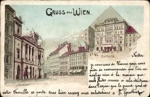 Ak Wien 1 Innere Stadt, GRUSS aus WIEN, Ronacher, Carltheater, Nestor, J. Gauthie