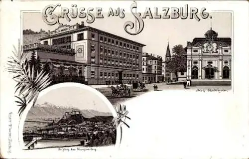 Ak Salzburg in Österreich, Historische Gebäude, Schriftzug "Grüße aus Salzburg", Berge im Hint...