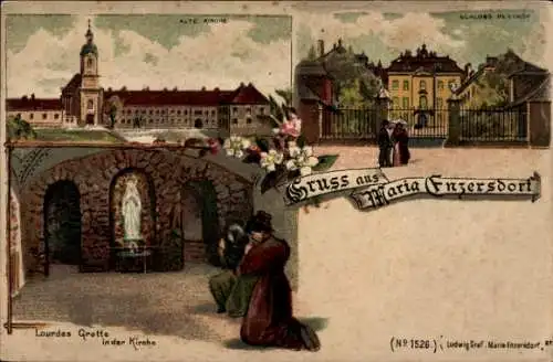 Ak Maria Enzersdorf Niederösterreich, Alte Kirche, Schloss Hunyady, Lourdes Grotte, Gruß aus M...