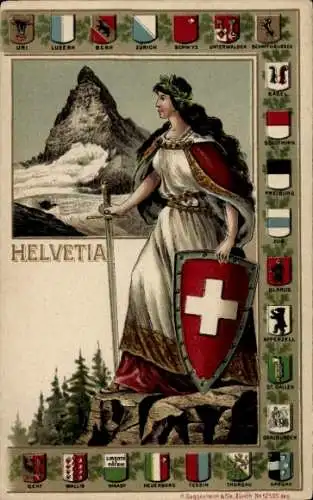 Präge Wappen Litho Helvetia, Schweiz, Matterhorn, Kantonalwappen