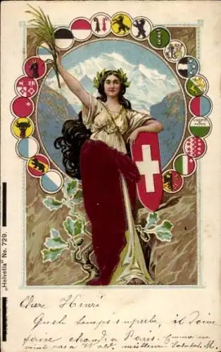 Präge Wappen Ak Frau mit Schutzschild, Kanton-Wappen