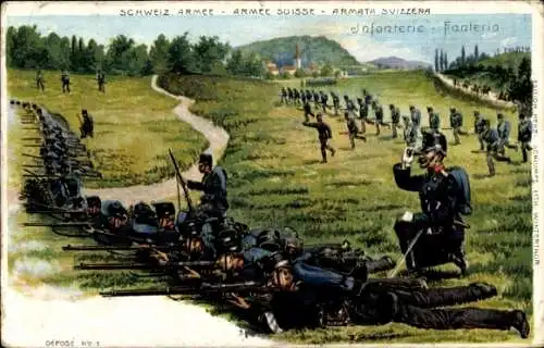 Litho Schweizerische Armee, Infanterie, Soldaten in Uniformen
