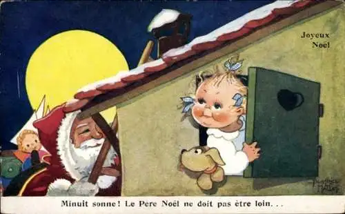 Künstler Ak Mallet, Beatrice, Glückwunsch Weihnachten, Weihnachtsmann, Mädchen am Fenster