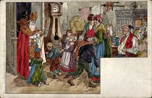 Künstler Litho Kauffmann, Usages et Costumes d'Alsace, Sankt Nikolaustag, Geschenke, Elsässer Tracht