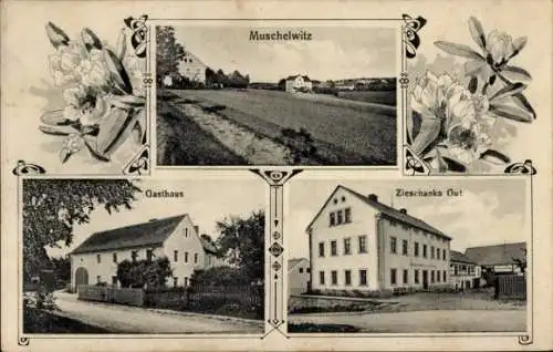Ak Muschelwitz Göda in der Oberlausitz, Gesamtansicht, Gasthaus, Zieschanks Gut