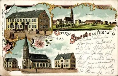 Litho Storcha Göda in der Oberlausitz, Gasthaus, Kirche, Pfarre, Schule