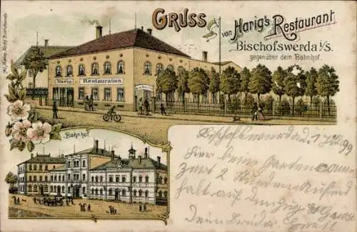 Litho Bischofswerda in Sachsen, Historisches Restaurant, Bahnhofsszene, Radfahrer, Blumenmotiv