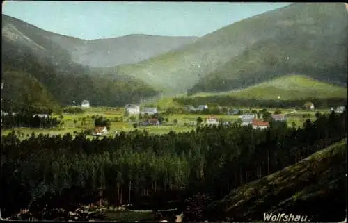 Ak Wilcza Poręba Wolfshau Karpacz Krummhübel Schlesien, Panorama vom Ort