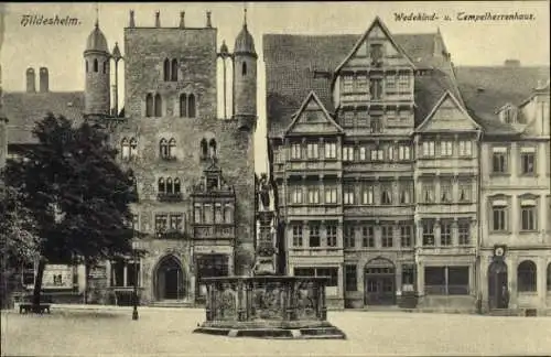 Ak Hildesheim in Niedersachsen, Fachwerkhaus, Brunnen und weitere historische Gebäude