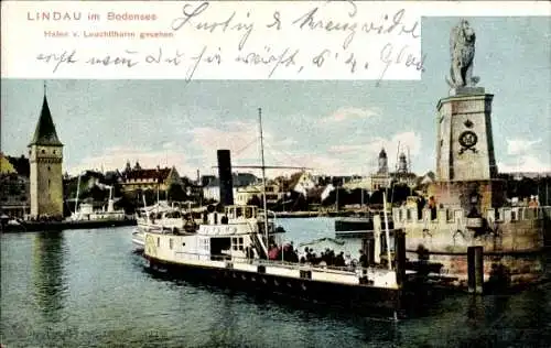 Ak Lindau am Bodensee Schwaben, Hafen, Blick vom Leuchtturm, Löwenstatue