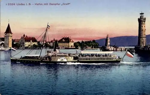 Ak Lindau am Bodensee Schwaben, Hafen, Dampfer Greif, Leuchtturm
