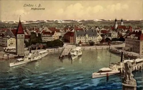 Ak Lindau am Bodensee Schwaben, Teilansicht, Hafenpartie, Löwenstatue