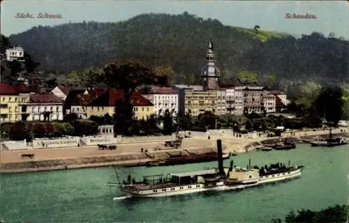 Ak Bad Schandau Sächsische Schweiz, Promenade, Strandhaus Elb-Hotel, Restaurant, Raddampfer