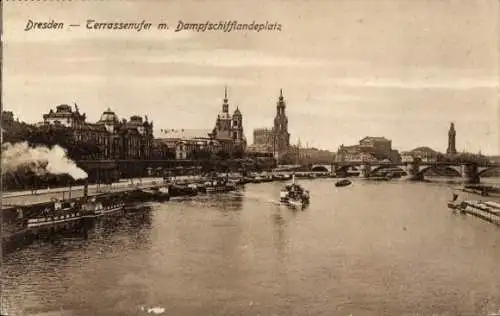 Ak Dresden Altstadt, Teilansicht, Terrassenufer, Dampfschifflandeplatz, Kirchtürme