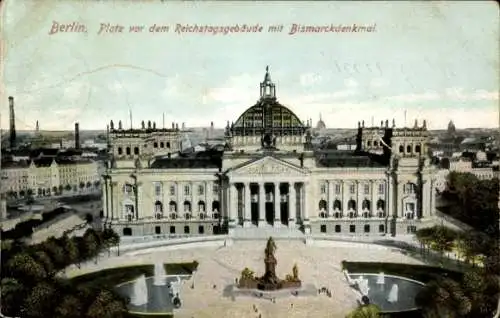 Ak Berlin Tiergarten, Reichstagsgebäude mit Bismarckdenkmal