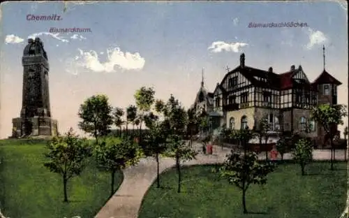 Ak Chemnitz in Sachsen, Bismarckturm, Bismarckschlösschen