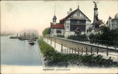 Ak Homberg Ruhrort Duisburg im Ruhrgebiet,  Schifferbörse, Schiffe am Kai, Uferpromenade