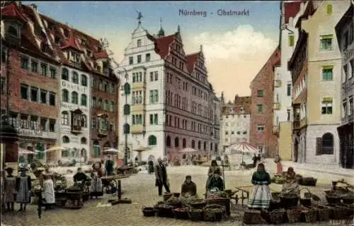 Ak Nürnberg in Mittelfranken, Vorderseite einer Postkarte mit einer Abbildung des Obstmarktes ...