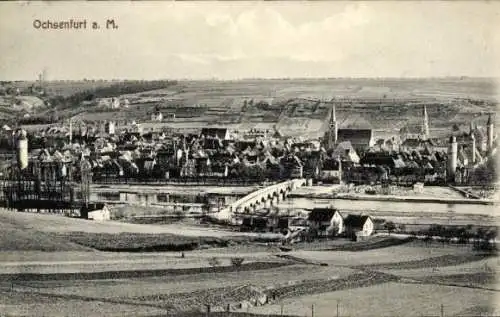 Ak Ochsenfurt am Main Unterfranken, Blick auf die Stadt Ochsenfurt am Main mit Mainbrücke, lin...