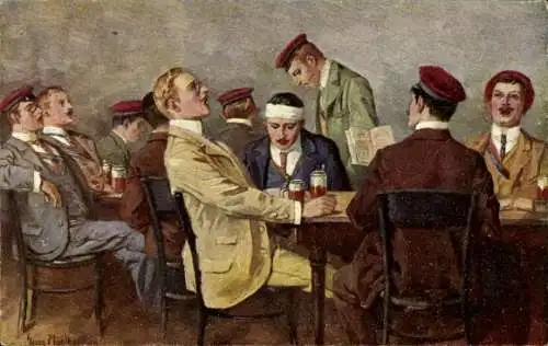 Studentika Künstler Ak Mühlberg, G., Studenten ein Verbindung sitzen zu Tisch und trinken Bier