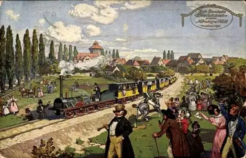 Künstler Ak Nürnberg, Fürth, Erste Deutsche Eisenbahn Adler, 1835